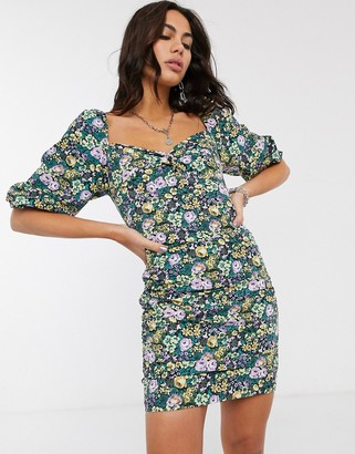 Bershka ruched mini dress with puff sleeves in floral print - ShopStyle
