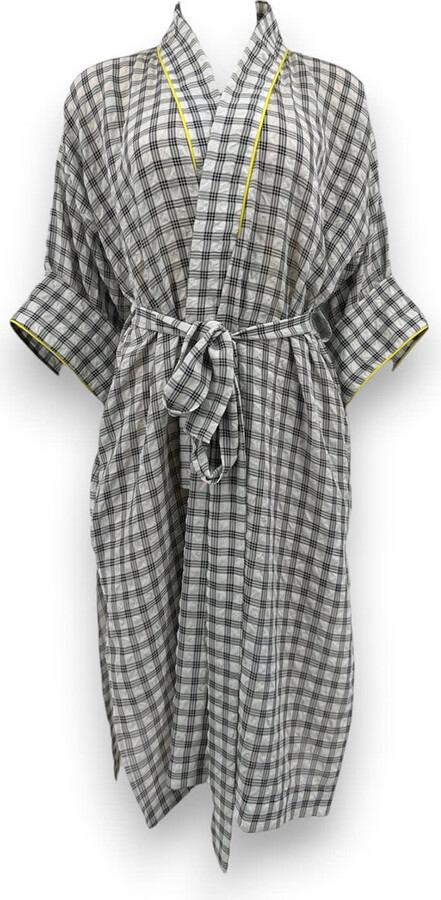 Monzlapur New York Grey / White Plaid Kimono Wrap Dress With Neon Piping