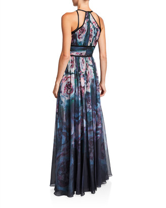 Marchesa Notte Watercolor Sleeveless Chiffon Gown with Satin Trim & Keyhole