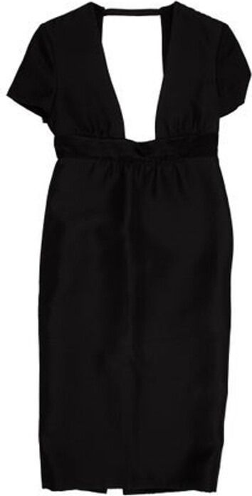 Les Copains Plunge Neckline Midi Length Dress Les Copains Wrap Dress Black Cutout Accent Short Sleeve with Plunge Neckline Concealed Zip Closure at Side Size not listed, estimated from measurements.