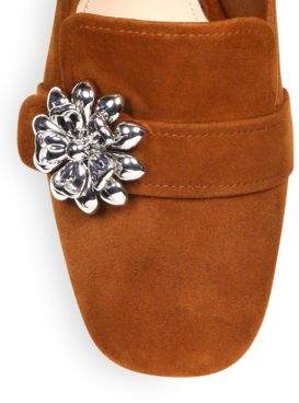 Prada Flower-Embellished Suede Block Heel Loafer Pumps