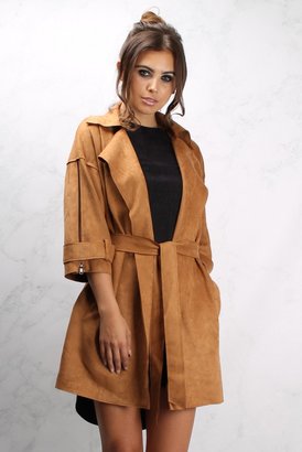 Rare Camel Faux Suede Belted Mac Coat