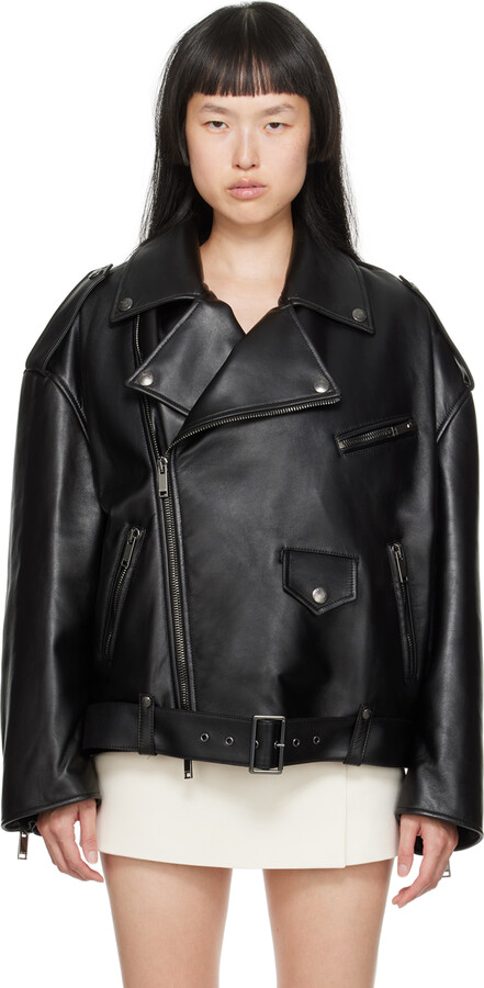 Valentino Leather Biker Jacket With V Face Rose Print in Black for