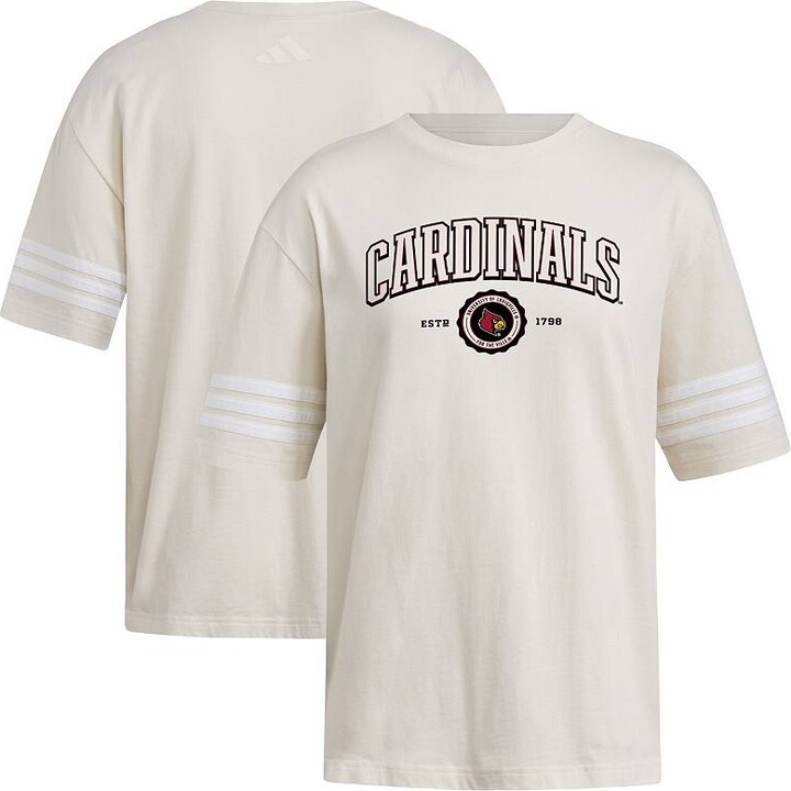 Women's adidas Cream Louisville Cardinals Fashion Three-Stripes Oversized T-Shirt