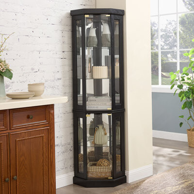 Red Barrel Studio Lighted Corner Curio Cabinet - Display Case For Living Room, Antique Collectibles, Wine & Bar Glass Storage - Elegant Corner Design With Lights Includ