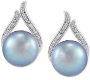 Honora Cultured Gray Ming Pearl (11mm) & Diamond (1/8 ct. t.w.) Stud Earrings in 14k White Gold
