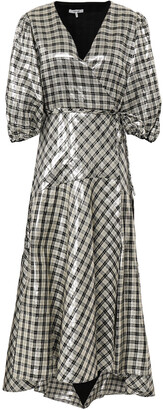 Ganni Checked Silk-blend Lamé Midi Wrap Dress