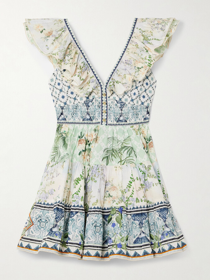 Camilla Cutout Ruffled Printed Organic Cotton Mini Dress - Blue