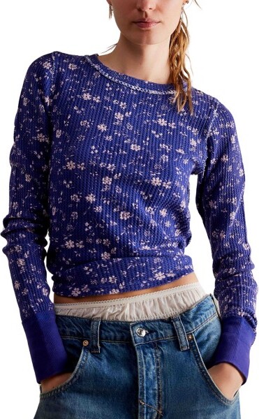 Free People Women's Pretty Little Thermal Long Sleeve Shirt Small Navy