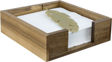 One Allium Way Acacia Wood Gold Feather Square Napkin Paper Holder