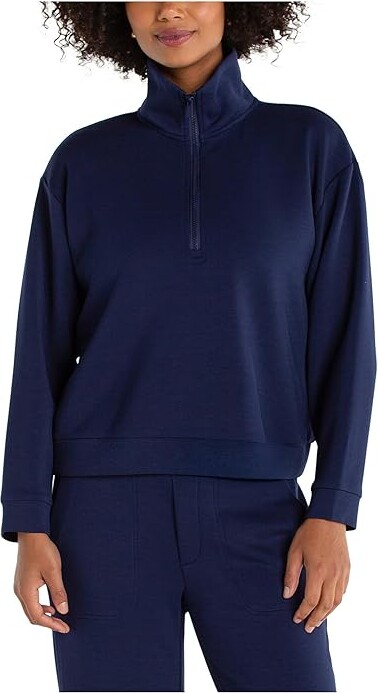 Liverpool Los Angeles Plush Comfor Half Zip Popover Long Sleeve Sweater Women's Sweater Deep Midnight : MD, Elastane/Polyester