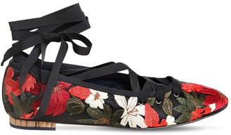 Paloma Barceló 10mm Embroidered Satin Lace Up Flats