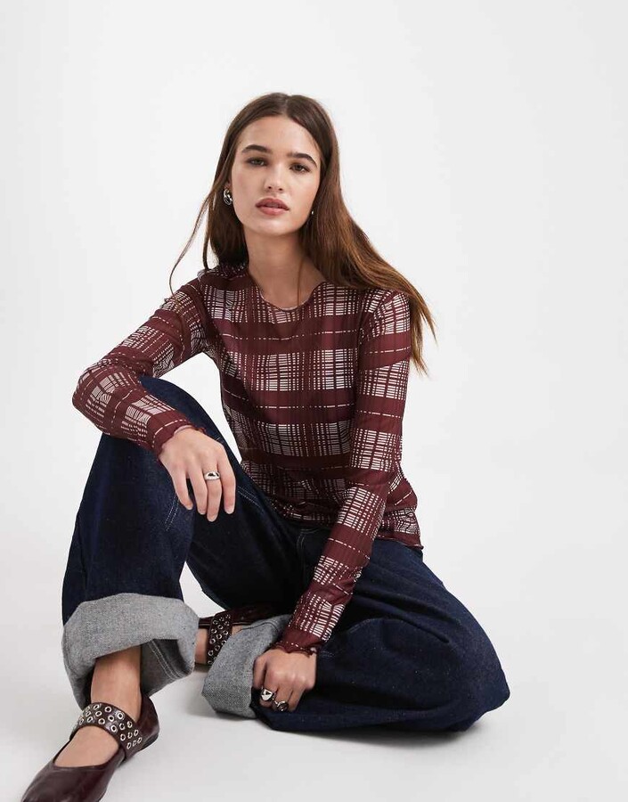 Object mesh long sleeve top in burgundy plaid print
