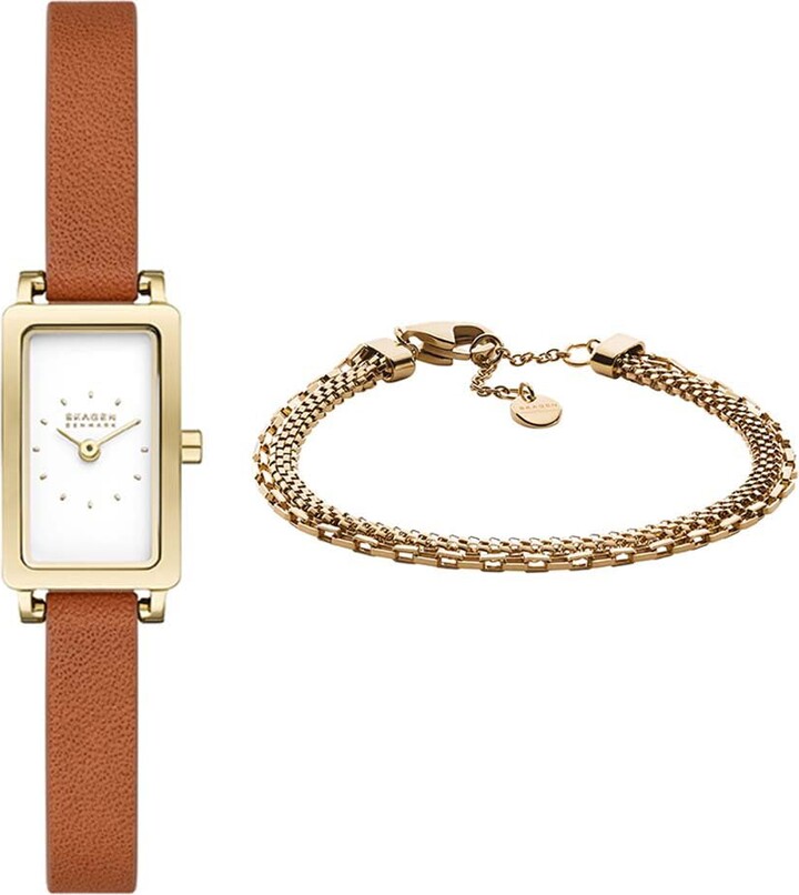Skagen Women's Hagen Micro Brown Leather Watch and Merete Gold