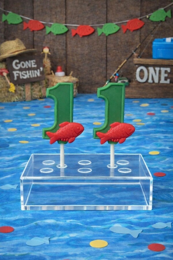 12 Number 1 Fishing Lollipops - First Birthday Party Favors, Fish Chocolate Candy Pops Gone