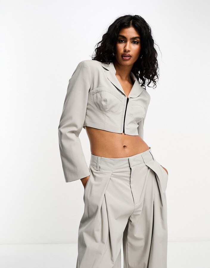 Bershka corset detail cropped blazer co-ord in stone ShopStyle