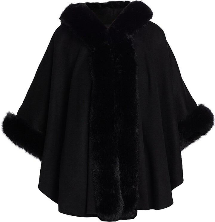 Sofia Cashmere Women's Whipstitch Faux-Fur Hooded Cape - Black
