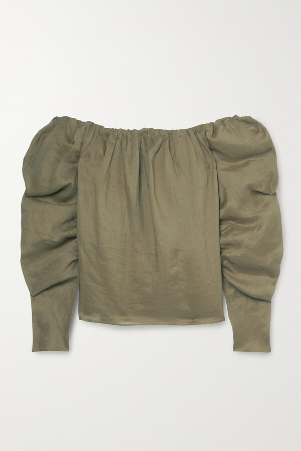 Frame Off-the-shoulder Ramie Blouse - Army green - ShopStyle Tops