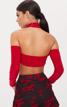 PrettyLittleThing Red Slinky Long Sleeve Cold Shoulder Choker Detail Crop Top
