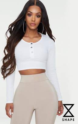 PrettyLittleThing Shape White Ribbed Popper Detail Crop Top