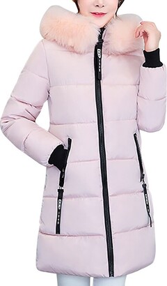 HOMEBABY Women Winter Coat Women Long Cotton Padded Coat Faux Fur Hooded Winter Parka Down Lammy Jacket Ladies Warm Quilted Padded Lightweight Trench Outwear Long Sleeve Tops Cardigan Pink