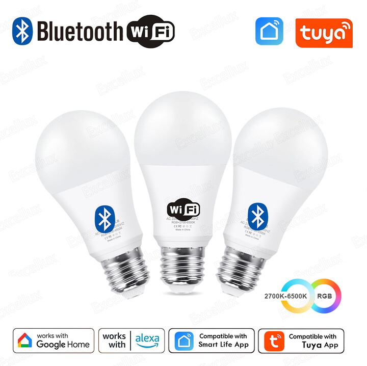 Excellux Tuya E27 Led Lamp App Control Bluetooth /WiFi Led Light Bulbs 15W RGB CW WW Smart Bulb Works With Amazon Alexa Google Assistant