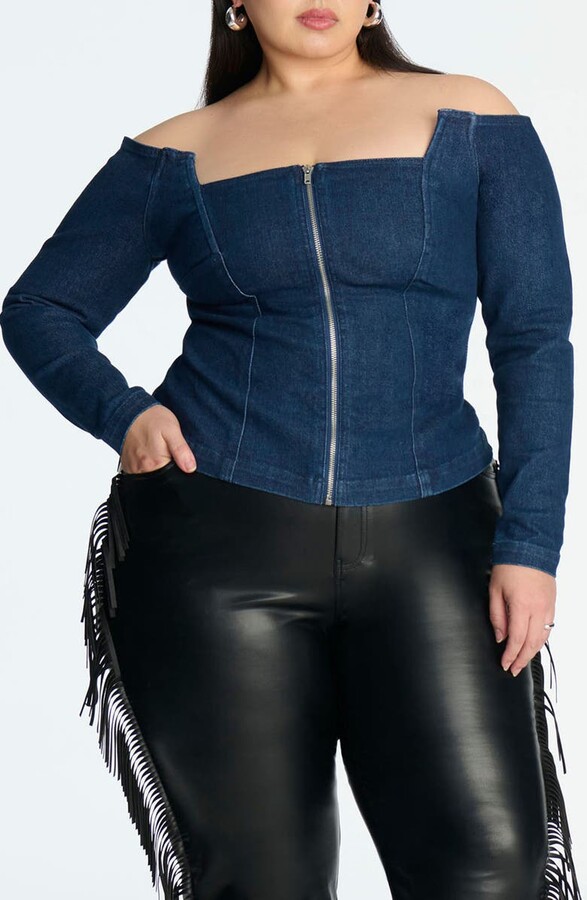 Denim Comfort Stretch Off the Shoulder Zip Front Top