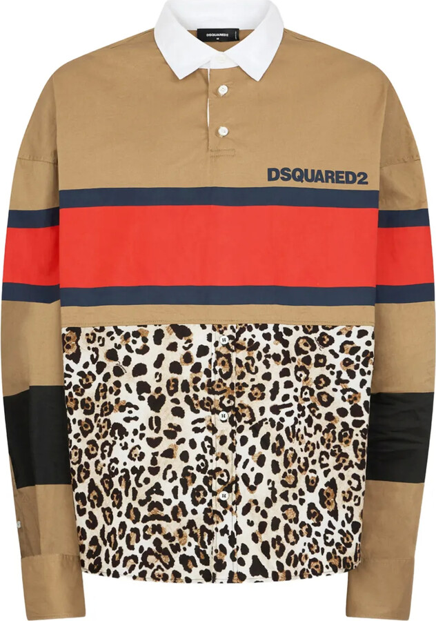 DSQUARED2 Striped-Detail Animal-Print Polo Shirt