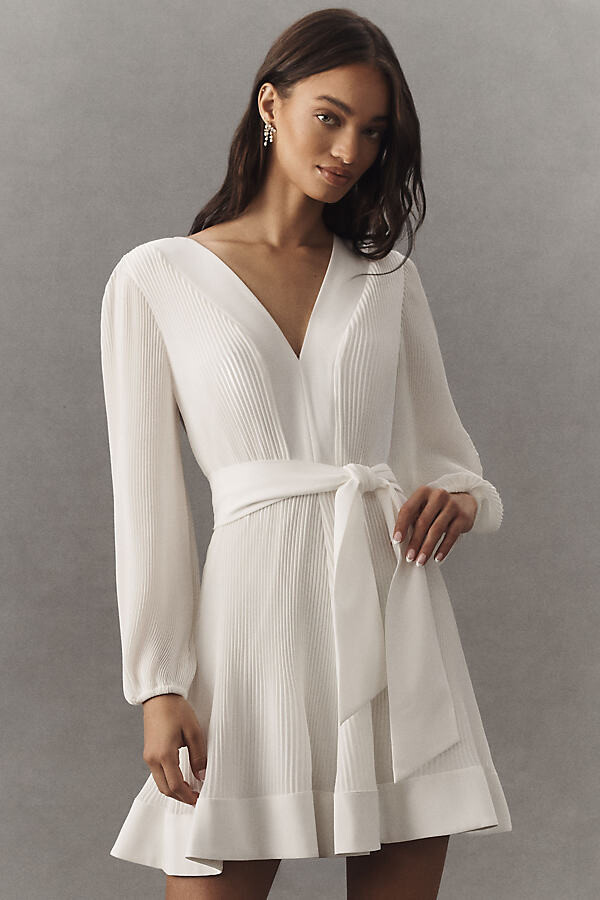 Liv Long-Sleeve V-Neck Pleated Belted Mini Dress