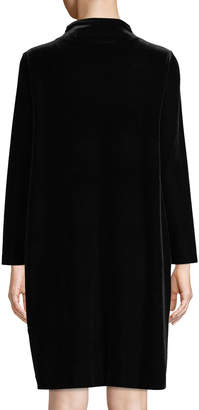 Joan Vass Long-Sleeve Draped-Front Velvet Dress w/ Side Pockets
