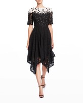 Thumbnail for your product : Shani Colorblock Elbow-Sleeve Hanky Hem Lace Dress w/ Floral Applique