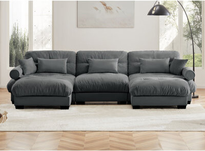 Hokku Designs U Shape Modular Sectional Sofa Couch with Two Movable Ottomans Modern 3 Seat Corner Sofa With Waist Pillows Throw Pillows and Blostered Armrests Co