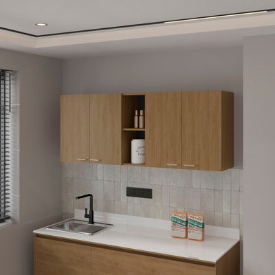 George Oliver Luray Wall Cabinet Kitchen In Melamine Wit 4 Doors And Open Storage, Natural Oak
