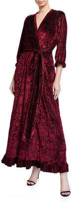 Melissa Masse Printed Crushed Velvet Jersey Maxi Dress with Flounce