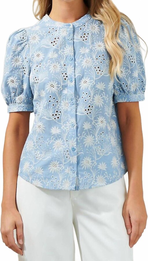 Moonflower Eyelet Button Down Blouse In Light Blue