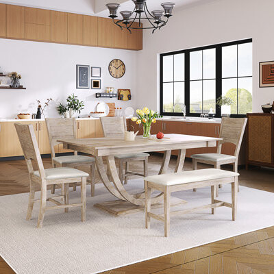 Lark Manor 6-Piece Wood Half Round Dining Table Set Kitchen Table Set With Long Bench And 4 Dining Chairs Modern Style