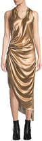 Thumbnail for your product : Helmut Lang Gathered Metallic Viscose Cocktail Dress with Fringe