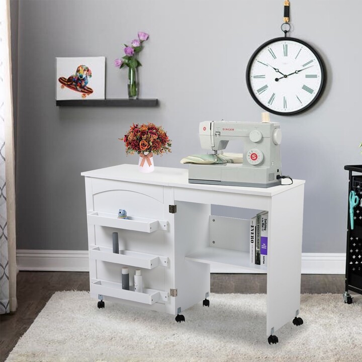 Sewing Machine Craft Table with Adjustable Folding Shelves and Storage  Drawer