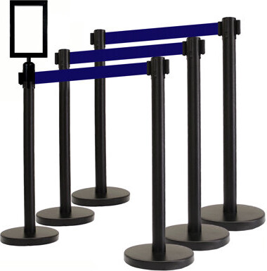 VIP Crowd Control 36" Retractable Belt Queue Safety Stanchion Barrier (6 Blk w/78" Blue Belt+SF+W Receiver)