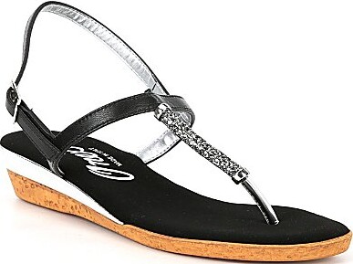 Onex Ava Metallic Leather Rhinestone Embellished Mini Cork Wedge Thong Sandals