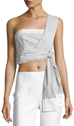 KENDALL + KYLIE Striped Wrapped-Sleeve Crop Top, White/Black