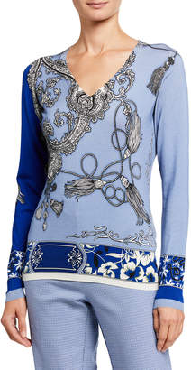Etro Tassel Floral Silk V-Neck Sweater