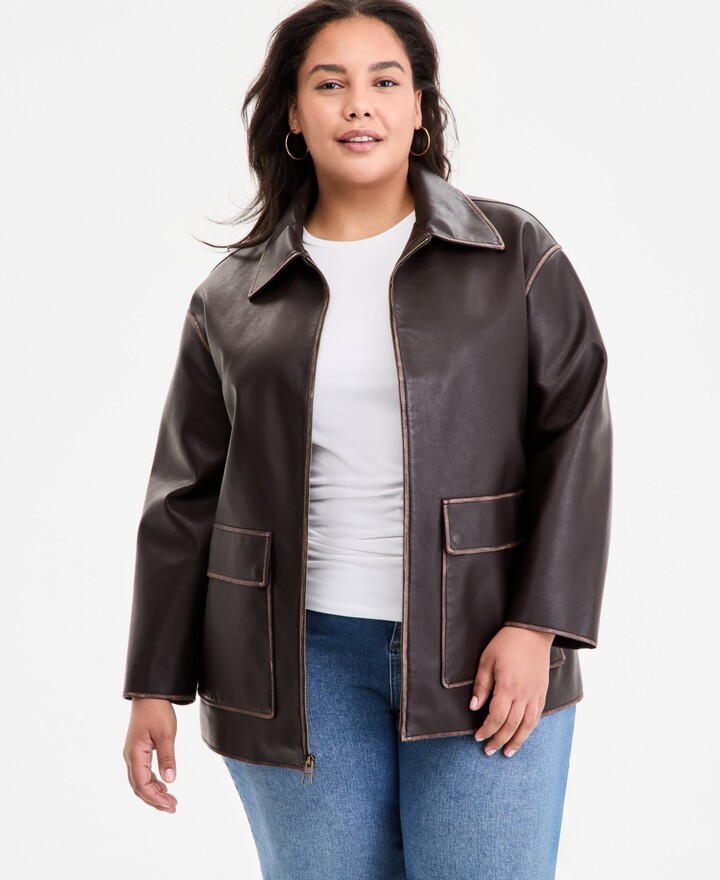 BCBGMAXAZRIA Plus Size Zip-Front Faux-Leather Coat