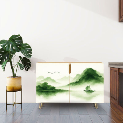 Dakota Fields Sideboard Buffet Cabinet with Storage Tranquil landscape misty forest trees reflecting calm waters with 2 Doors for Living Room and Kitchen