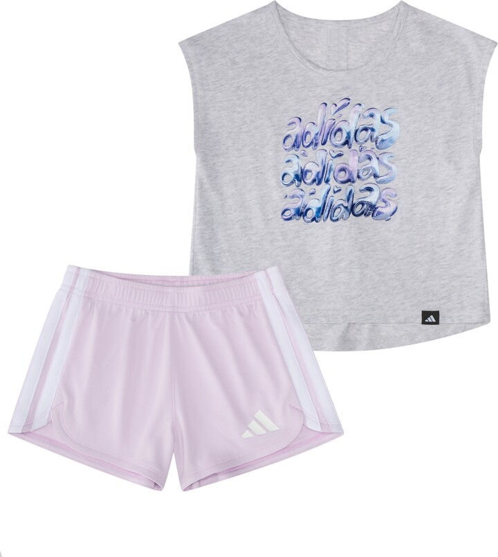 adidas Baby Girls' Back Pleated Short-Sleeve T-Shirt and Mesh Shorts, 2-Piece Set - Light Gray Heather/Pastel Pink