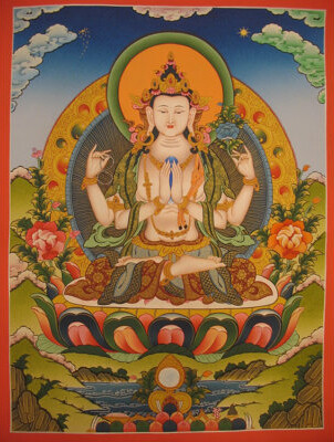 Exotic India Chengrezig Namaskaram Mudra (Brocadeless Thangka) | 24 Carat Gold