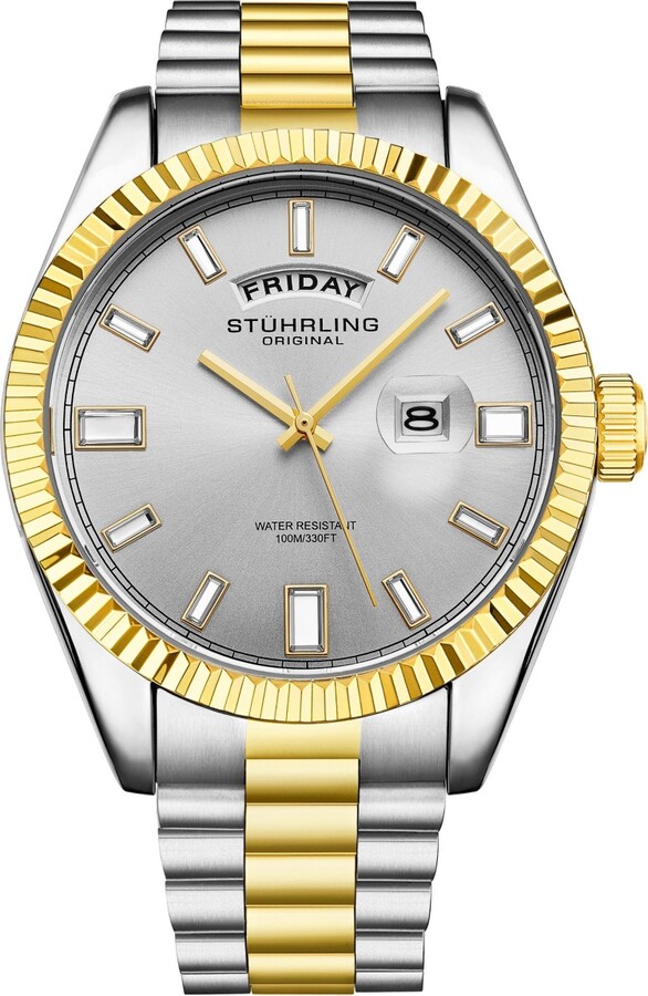 Stuhrling Original Statesman 4070 Men s Watch – Two-Tone Bracelet Silver Dial Day-Date Quartz 42mm Fluted Bezel