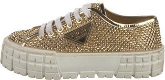 Prada Crystal Low Top Sneakers Gold Round-Toes with Crystal Embellishments Platform Lace-Up Closure at Uppers