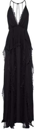 Haute Hippie Waterfall Chantilly Lace-paneled Ruffled Silk Crepe De Chine Gown