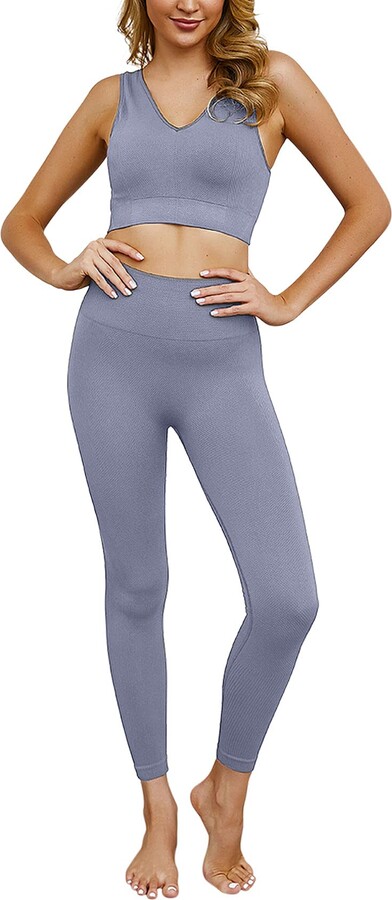 Fitness and Exercise ABirdon Yoga Outfits Workout Set for Women 2 Pieces Ribbed Seamless Gym Tracksuit Knitting Yoga Sportswear with V-Neck Sports Bra and High Waist Leggings for Pilates 
